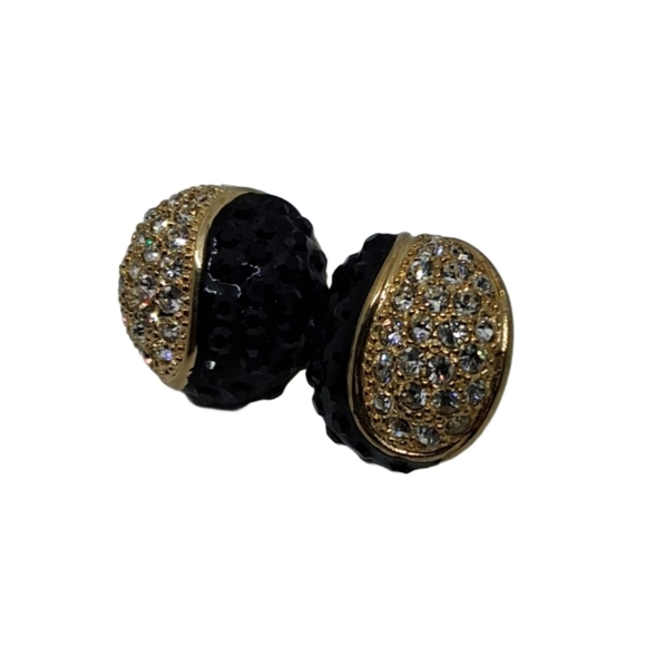 Vintage Roman Collection Domed Rhinestone Earrings – Black & Gold 80s Glam - Picture 4 of 6